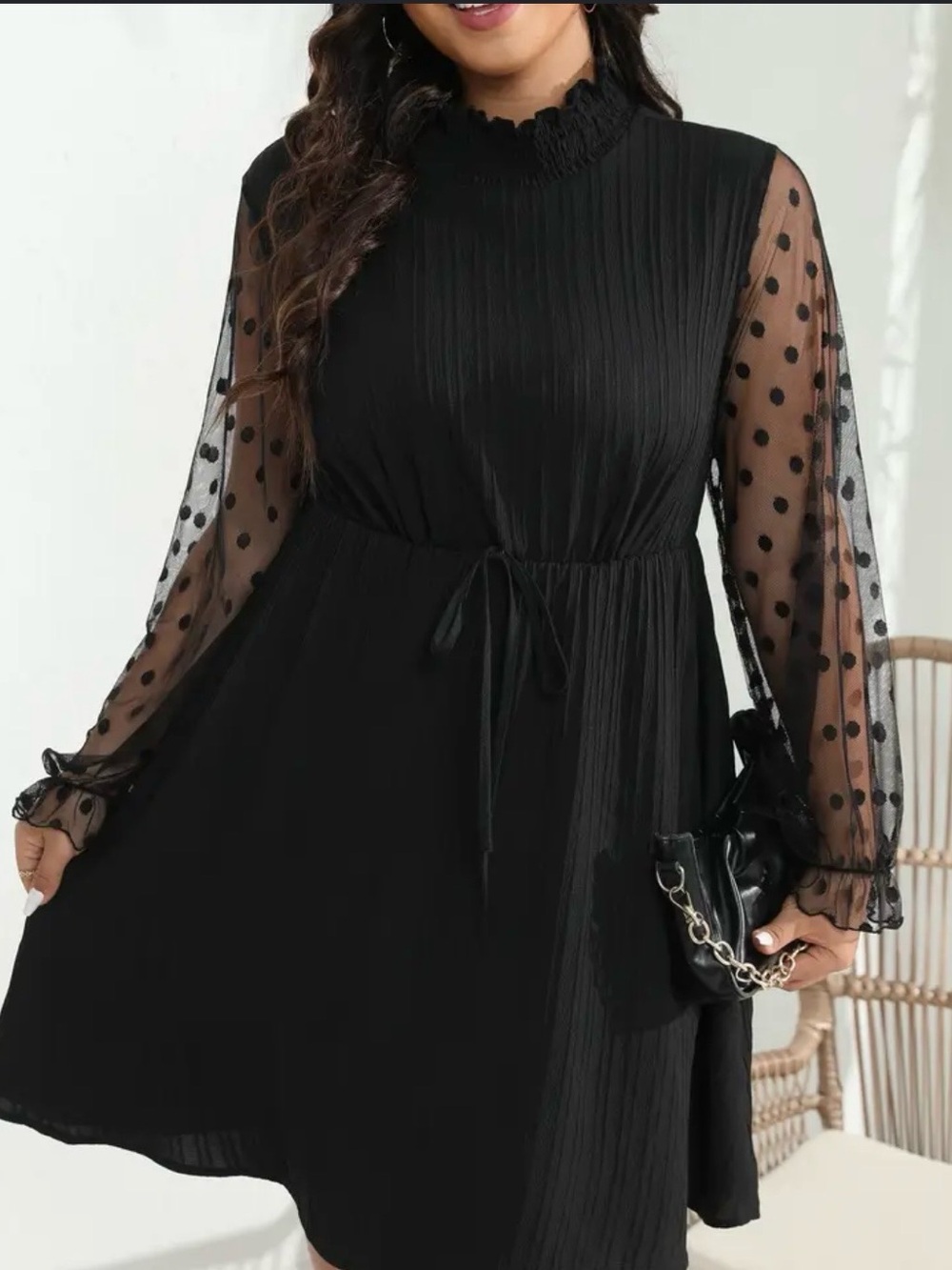 Black Polka Dot Mesh Sleeve Tie-Waist Dress